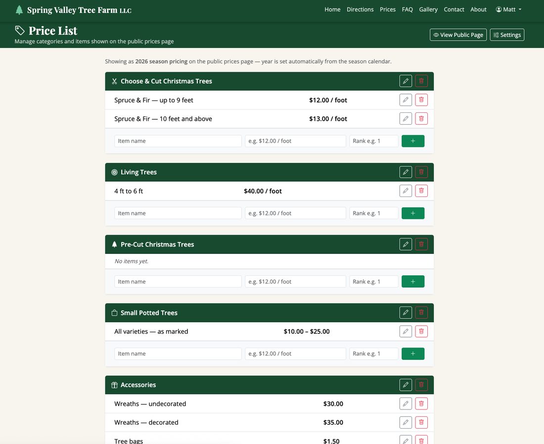 Price list editor with tree categories and prices